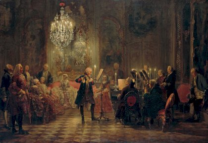 Adolph Friedrich Erdmann von Menzel - Flötenkonzert Friedrichs des Großen in Sanssouci (1852).jpg
