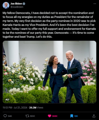 Screenshot 2024-07-22 at 00-11-37 Joe Biden on X My fellow Democrats I have decided not to accept the nomination and to focus all my energies on my duties as President for the remainder of my term. My very first decision as the[...].png