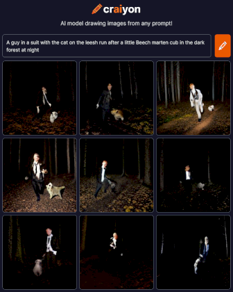 craiyon_042046_A_guy_in_a_suit_with_the_cat_on_the_leesh_run_after_a_little_Beech_marten_cub_in_the_.png