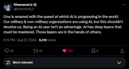 Screenshot 2024-08-27 at 18-50-35 Khamenei.ir on X One is amazed with the speed at which AI is progressing in the world. Our military &amp non-military organizations are using AI but this shouldn't deceive us. Being an AI user [...].png