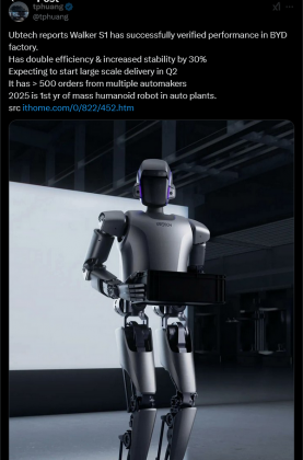 Screenshot 2025-01-05 at 23-30-51 tphuang on X Ubtech reports Walker S1 has successfully verified performance in BYD factory. Has double efficiency &amp increased stability by 30% Expecting to start large scale delivery in Q2 I[...].png
