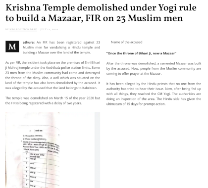 Screenshot 2024-07-03 at 09-47-00 Krishna Temple demolished under Yogi rule to build a Mazaar FIR on 23 Muslim men - Neo Politico.png