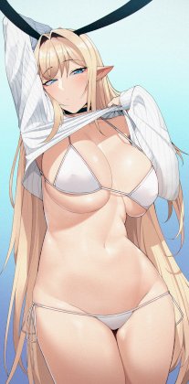 yande.re 987054 animal_ears bikini bunny_ears elf erect_nipples pointy_ears sd_bigpie shirt_lift sweater swimsuits undressing.jpg