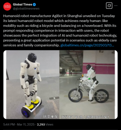 Screenshot 2025-03-11 at 20-52-39 Global Times on X Humanoid robot manufacturer AgiBot in Shanghai unveiled on Tuesday its latest humanoid robot model which achieves nearly human-like mobility such as riding a bicycle and balan[...].png